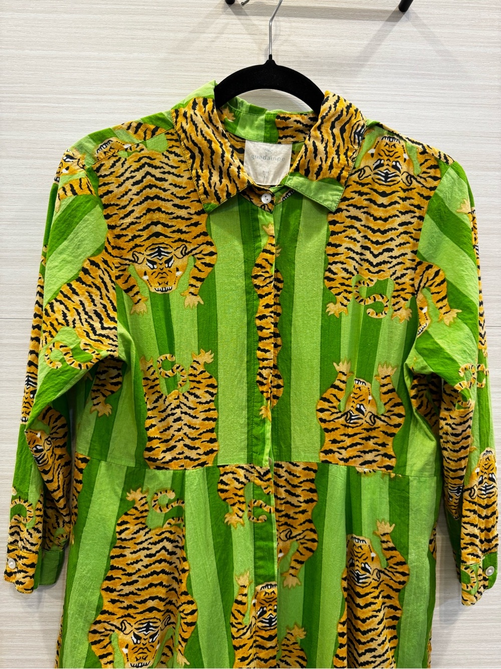 Guadalupe Luciana Tiger-Print 100% Cotton Collared Maxi Dress Green size Medium - Picture 2 of 7
